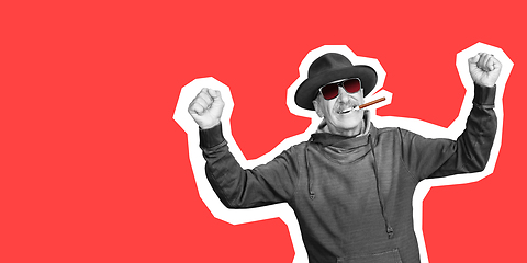 Image showing Senior man in fashion sunglasses and black hat isolated on red background. Collage in magazine style.