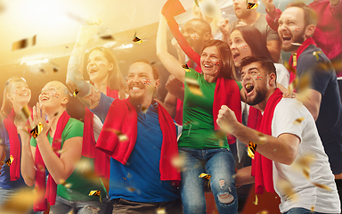 Image showing Group of happy fans are cheering for their team victory. Collage made of 12 models.