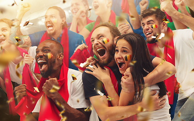 Image showing Group of happy fans are cheering for their team victory. Collage made of 8 models.