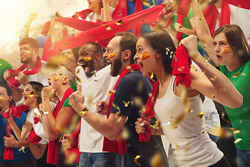 Image showing Group of happy fans are cheering for their team victory. Collage made of 8 models.