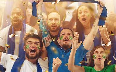 Image showing Group of happy fans are cheering for their team victory. Collage made of 8 models.