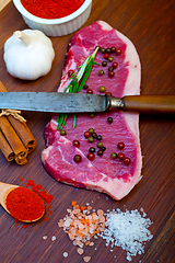 Image showing raw uncooked  ribeye beef steak butcher selection