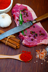 Image showing raw uncooked  ribeye beef steak butcher selection