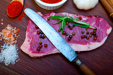 Image showing raw uncooked  ribeye beef steak butcher selection