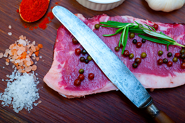 Image showing raw uncooked  ribeye beef steak butcher selection