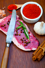 Image showing raw uncooked  ribeye beef steak butcher selection