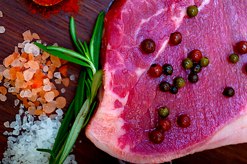 Image showing raw uncooked  ribeye beef steak butcher selection