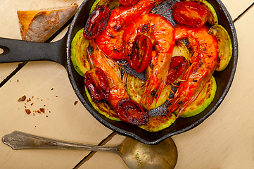 Image showing roasted shrimps with zucchini and tomatoes