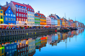 Image showing illuminated Nyhavn embankment by canal 
