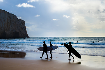 Image showing Group surfers surfboards beach Portugal