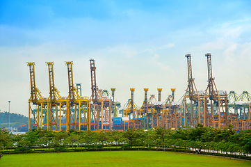 Image showing freight cranes  Singapore shipping port 