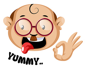 Image showing Funny human emoji with a yummy symbol and letters, illustration,