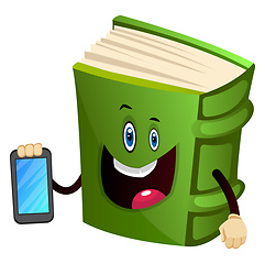 Image showing Green book is holding a mobile phone, illustration, vector on wh