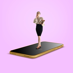 Image showing Office worker, businesswoman going on the surface of smartphone\'s screen isolated on background