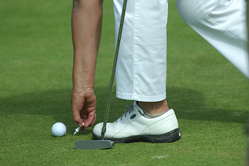 Image showing golfer placing golf ball on a tee