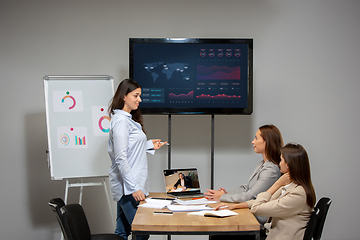 Image showing Young women talking, working during videoconference with colleagues at office or living room