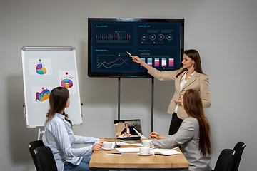 Image showing Young women talking, working during videoconference with colleagues at office or living room