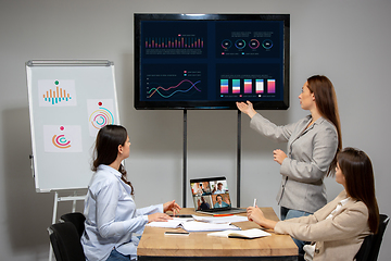 Image showing Young women talking, working during videoconference with colleagues at office or living room