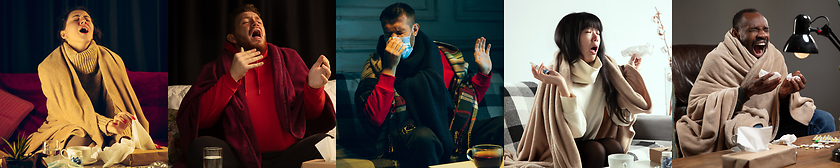 Image showing Young people wrapped in a plaid looks sick, ill, sneezing and coughing sitting at home indoors