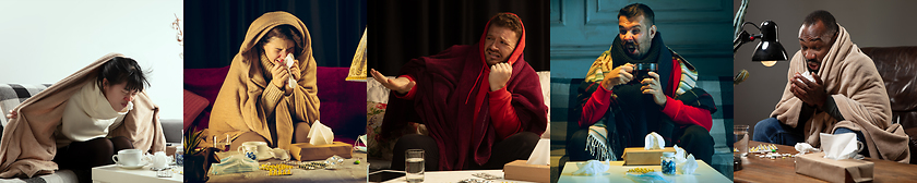 Image showing Young people wrapped in a plaid looks sick, ill, sneezing and coughing sitting at home indoors