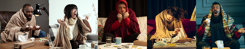 Image showing Young people wrapped in a plaid looks sick, ill, sneezing and coughing sitting at home indoors