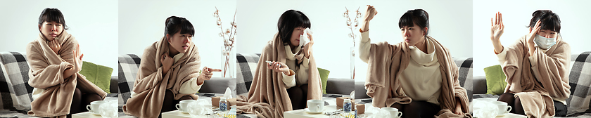 Image showing Collage of ill woman feeling sick and healthy girl avoiding virus spreading with panic