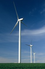 Image showing Three windturbines on blue sky 