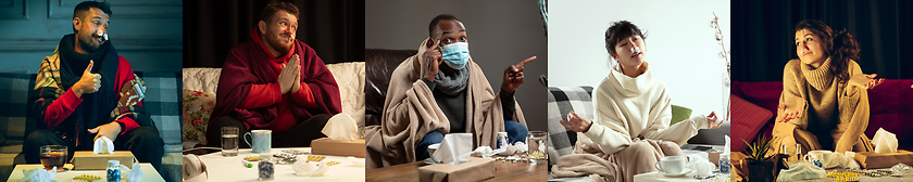 Image showing Young people wrapped in a plaid looks sick, ill, sneezing and coughing sitting at home indoors