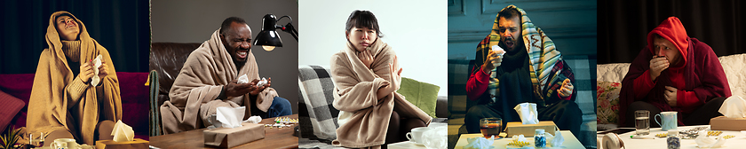 Image showing Young people wrapped in a plaid looks sick, ill, sneezing and coughing sitting at home indoors