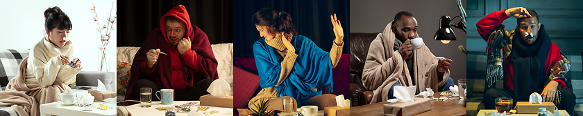 Image showing Young people wrapped in a plaid looks sick, ill, sneezing and coughing sitting at home indoors