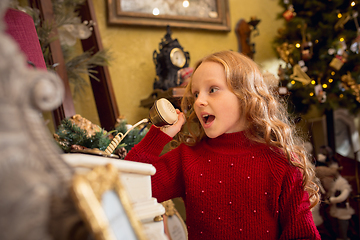 Image showing Cheerful little girl looking for home decoration and holiday\'s gifts in household store