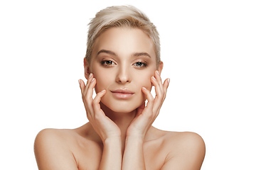 Image showing Beautiful caucasian woman with heterochromia isolated on white studio background