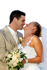 Image showing Happy wedding couple smiling