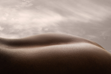 Image showing Detailed texture of human skin. Close up shot of young african-american male body like landscape with the sky background