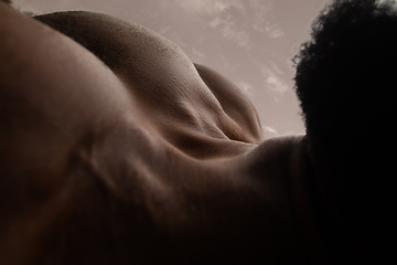 Image showing Detailed texture of human skin. Close up shot of young african-american male body like landscape with the sky background