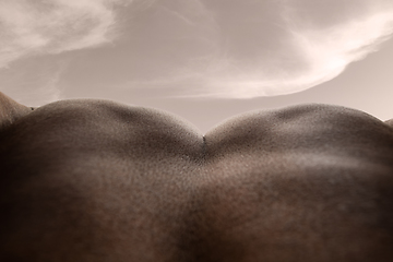 Image showing Detailed texture of human skin. Close up shot of young african-american male body like landscape with the sky background