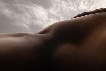 Image showing Detailed texture of human skin. Close up shot of young african-american male body like landscape with the sky background