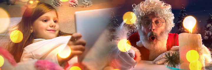 Image showing Happy caucasian little girl during video call or messaging with Santa using laptop and home devices, celebration or ad flyer with copyspace