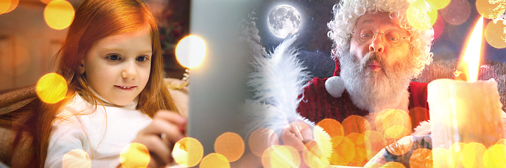 Image showing Happy caucasian little girl during video call or messaging with Santa using laptop and home devices, celebration or ad flyer with copyspace