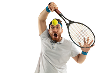 Image showing Funny emotions of professional tennis player isolated on white studio background, excitement in game