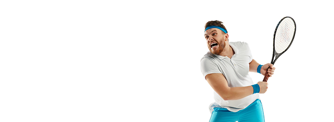 Image showing Funny emotions of professional tennis player isolated on white studio background, excitement in game