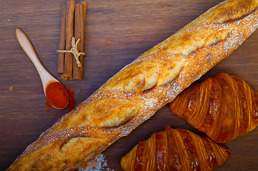 Image showing French fresh croissants and artisan baguette tradition