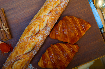 Image showing French fresh croissants and artisan baguette tradition