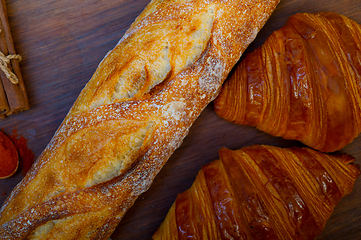 Image showing French fresh croissants and artisan baguette tradition