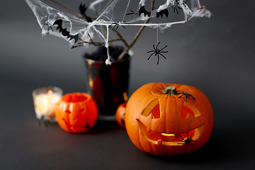 Image showing pumpkins, candles and halloween decorations