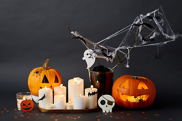 Image showing pumpkins, candles and halloween decorations