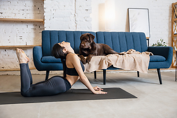 Image showing Young woman working out at home during lockdown, yoga exercises with the dog