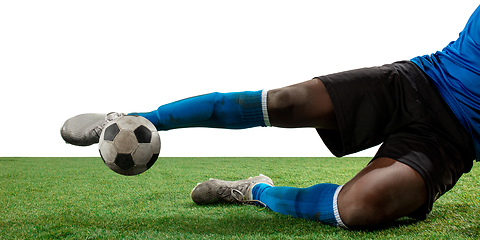 Image showing Close up legs of professional soccer, football player fighting for ball on field isolated on white background