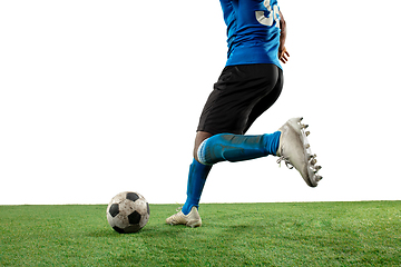 Image showing Close up legs of professional soccer, football player fighting for ball on field isolated on white background