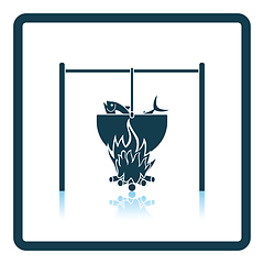 Image showing Icon of fire and fishing pot on gray background, round shadow